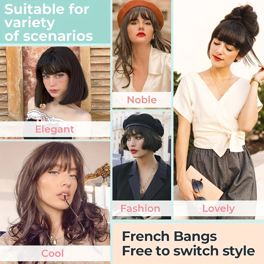 Elegant French-Style Clip-In Bangs with Sideburns, 100% Human Hair, Lightweight & Seamless for Women - Perfect for Daily Wear & Easy Styling, Bangs Clip, Human Hair