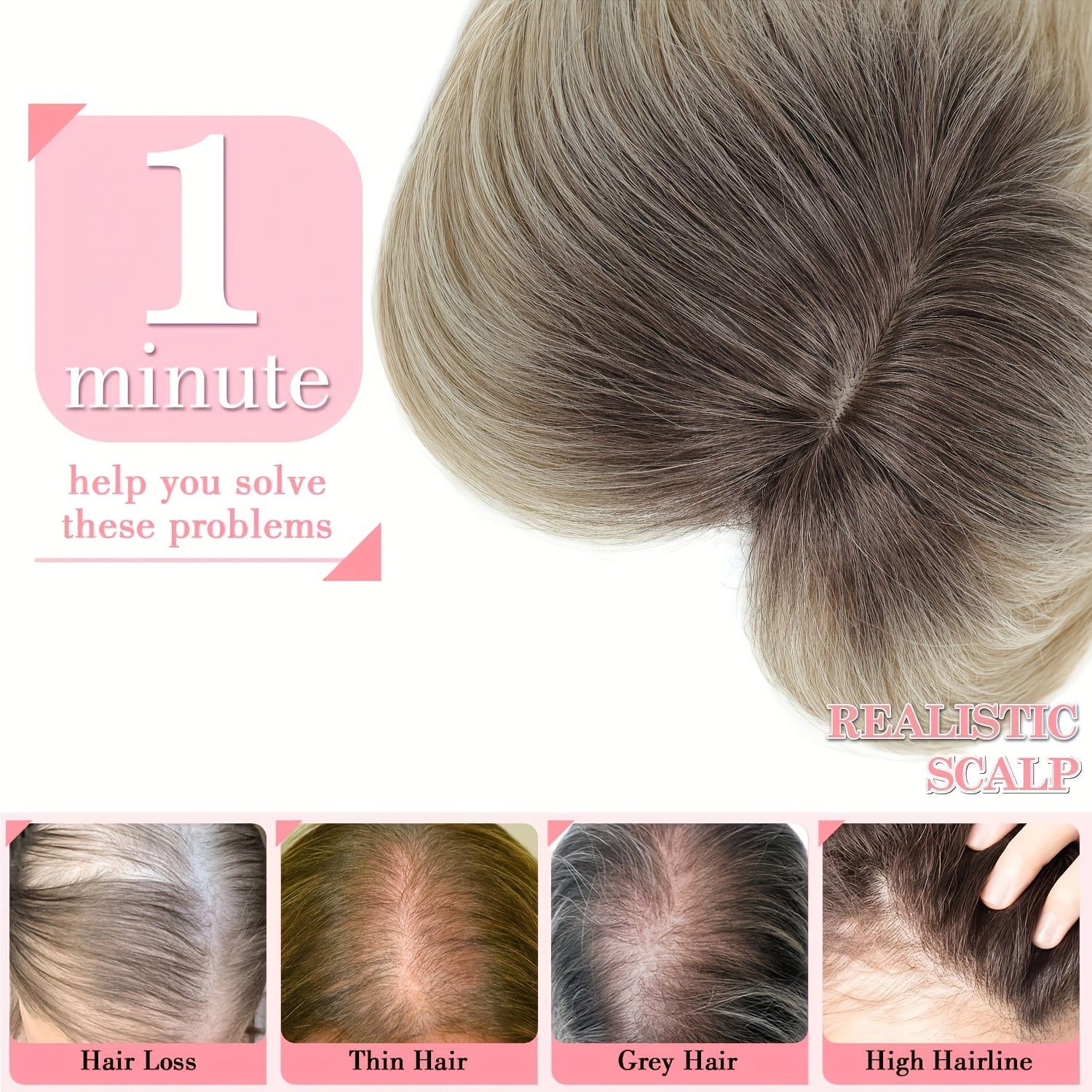 [Synthetic Hairpiece] 22-Inch Light Golden And Bleached Blonde Mixed Hair Top Synthetic Hairpiece | 55 Cm | Synthetic | Swiss Base And 3 Clips | Thinning Hair And Gray Hair Loss