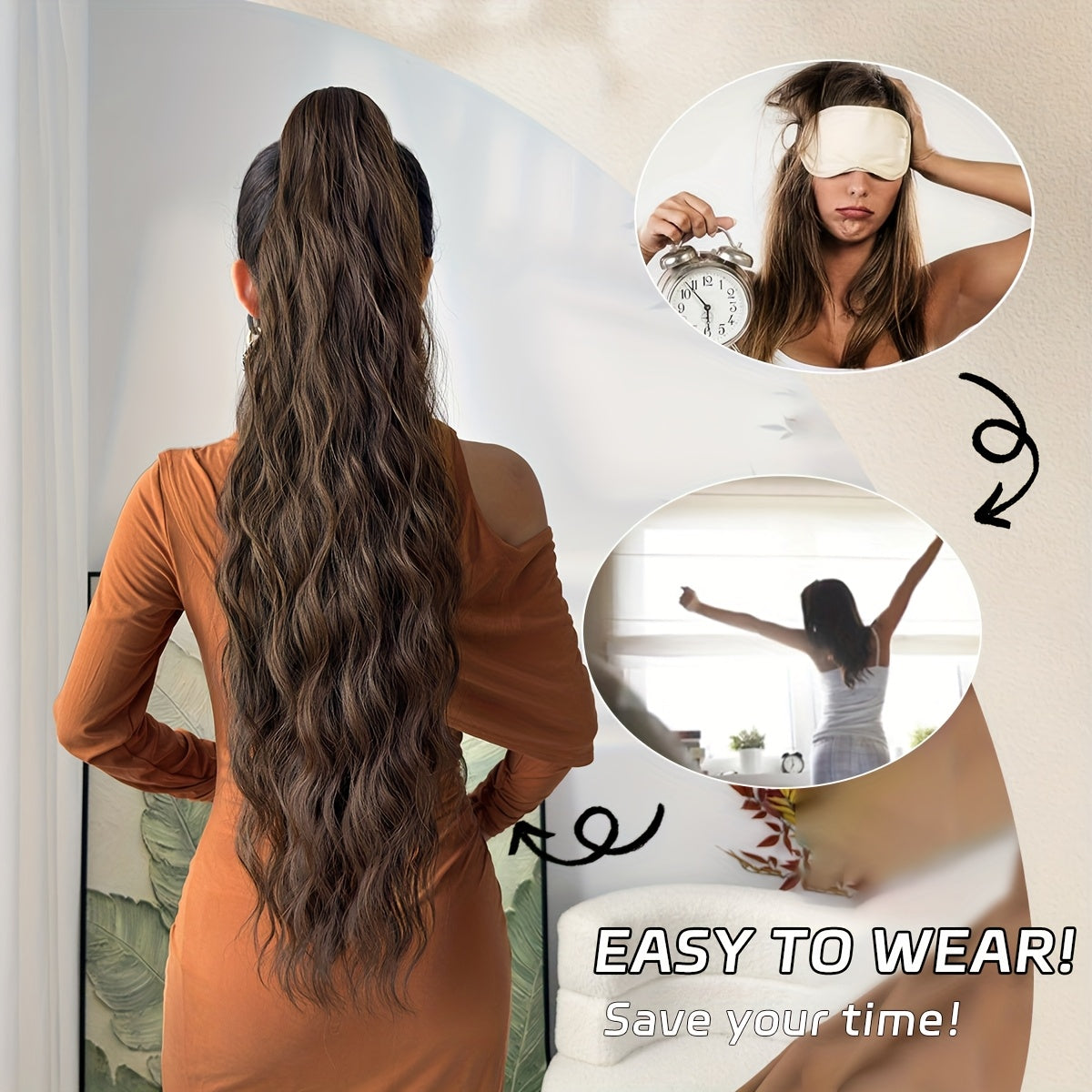 YUSULAXI 28" Ombre Claw Clip Ponytail Extension - Water Wave Synthetic Hairpiece in Light Brown, Heat-Resistant Fiber for Women with Short Hair, Daily Use Accessory, Ponytail Hair Extensions, Versatile Hairpiece, Secure Claw Attachment