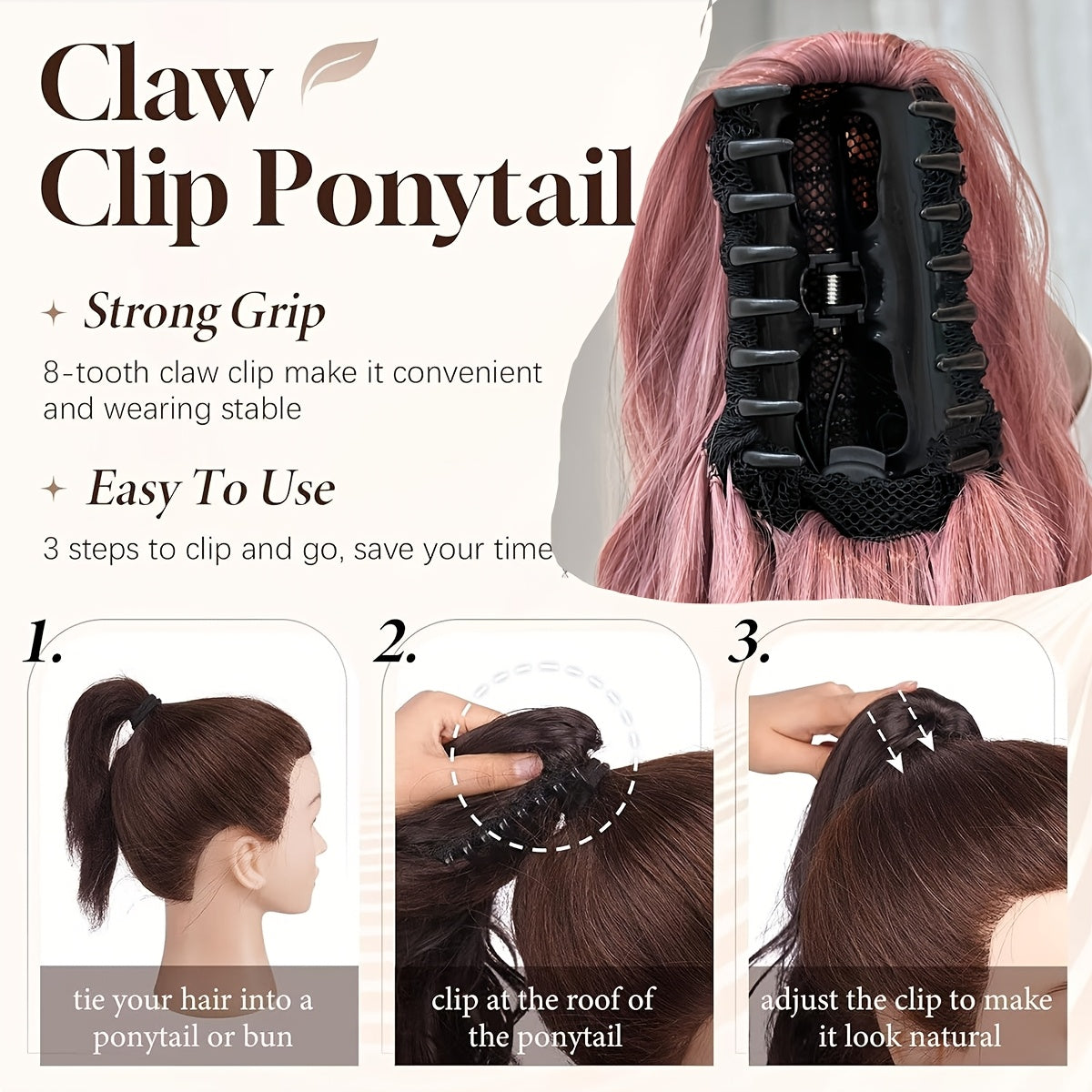 Claw shaped ponytail extension pink 71.12 cm water wave heat-resistant fiber synthetic ponytail wig, suitable for short hair accessories for Women's daily use