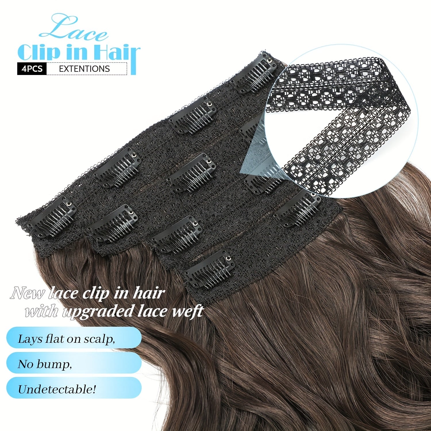 4pcs Daphine Clip In Hair Extensions for Women - Short Curly Wave with Invisible Lace Weft, Natural Soft Synthetic Hairpieces for Daily & Party Use, All Ethnicities