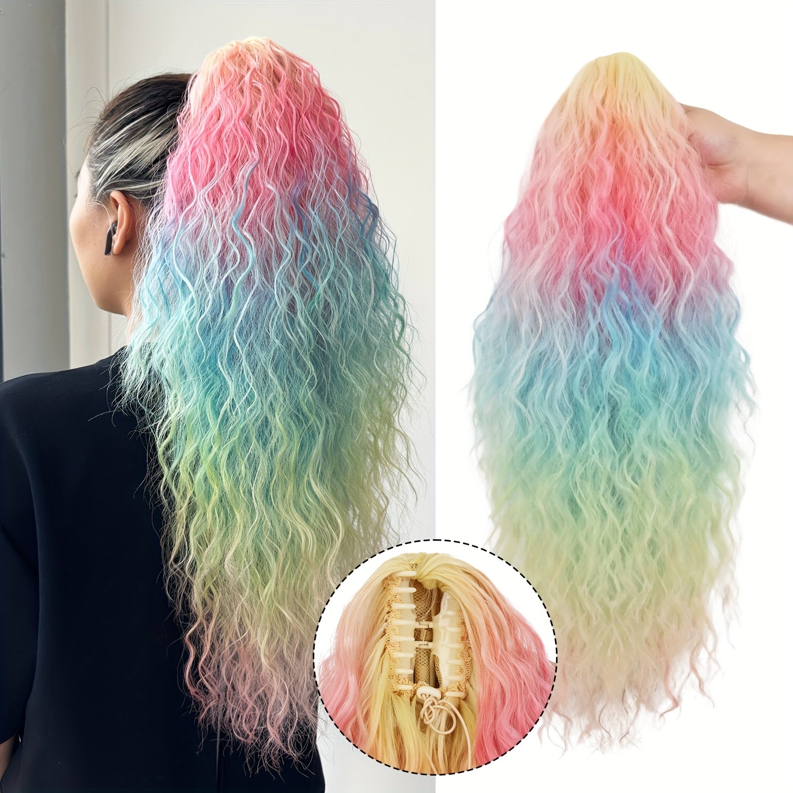 JSTINEKE 66.04cm Multicolor Long Curly Ponytail Extension - Synthetic Hair Claw Clip-In with Drawstring, Natural Look for Women, Deep Wave Texture, Party Style, Easy to Style, Party Hair Accessory, Vibrant Hairpiece