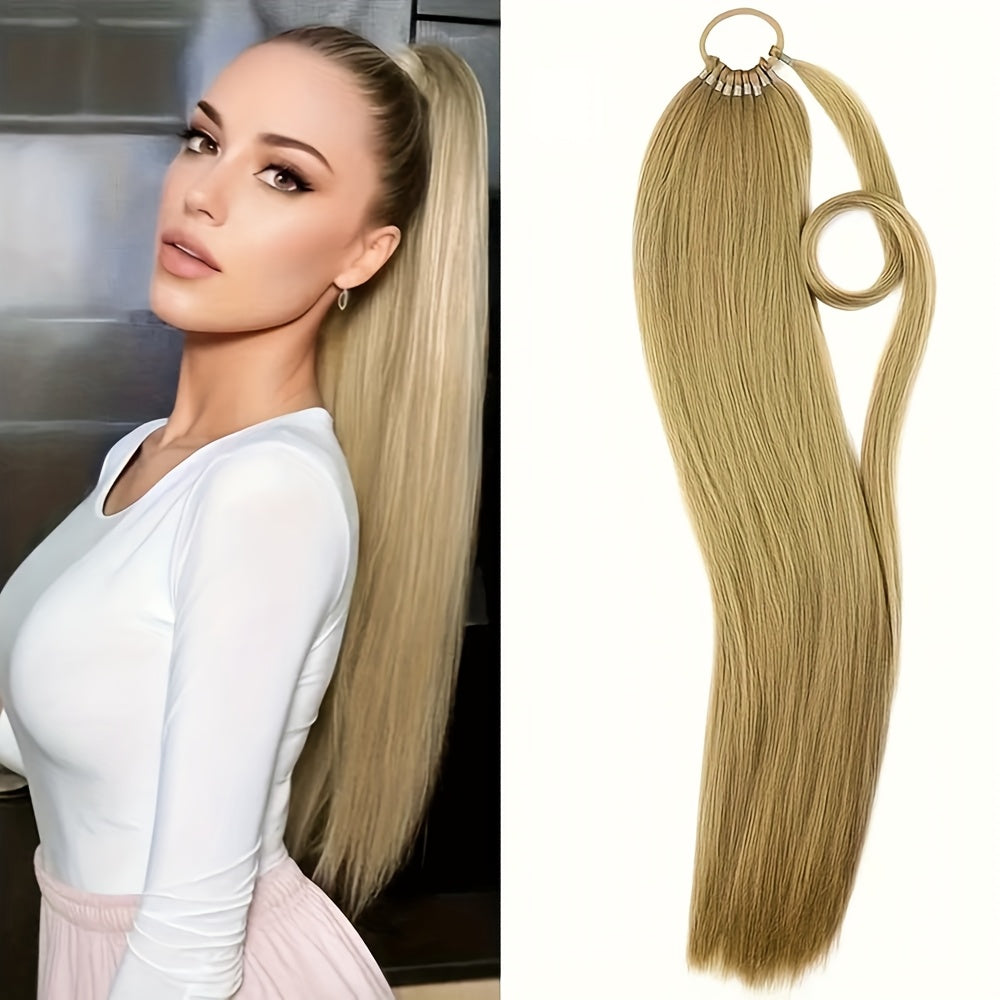24-Inch Yaki Straight Braiding Hair Ponytail Extension - Wrap Around Long Straight Ponytail with Versatile Elastic Bands for Women, High-Temperature Fiber, Basic Style, Hair Extension for Women