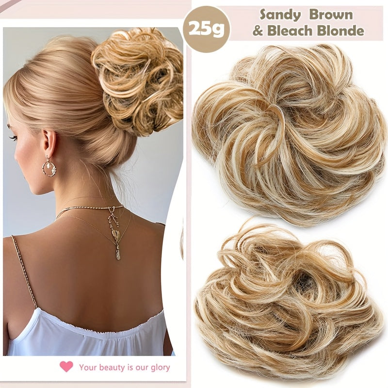Heat-Resistant Synthetic Fiber Messy Bun Short Curly Ponytail Extension with Elastic Band - Secure Clip-In Hairpiece for Women with Thinning Hair, Natural Volume & Warm Brown/Blonde/Black/Red/Beige/Champagne Blonde Options, Hair Accessories