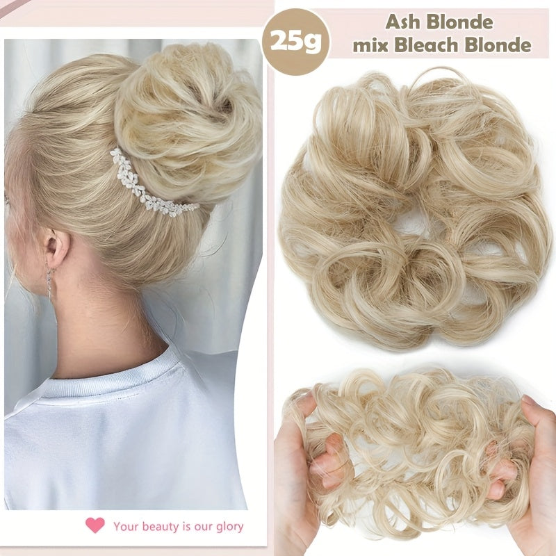 Heat-Resistant Synthetic Fiber Messy Bun Short Curly Ponytail Extension with Elastic Band - Secure Clip-In Hairpiece for Women with Thinning Hair, Natural Volume & Warm Brown/Blonde/Black/Red/Beige/Champagne Blonde Options, Hair Accessories