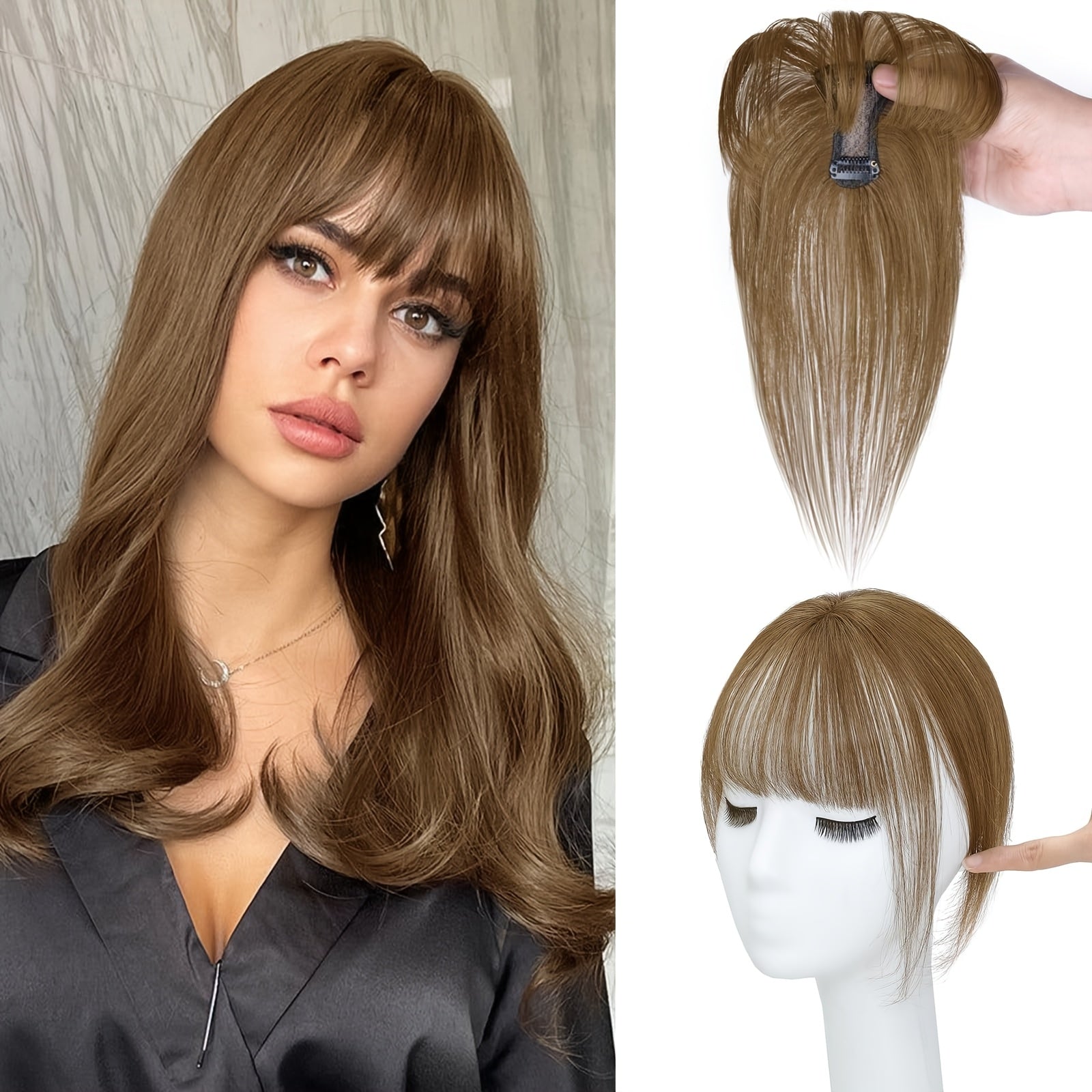 BIGTRSE 360° 3D Bangs Hair Clip - 100% Real Human Hair Topper with Straight Bangs & Side Swept Bangs, Natural Look for Women, Easy Clip-On for Daily Wear, Versatile Hairpiece, Sleek Hairpiece, Secure Hairpiece