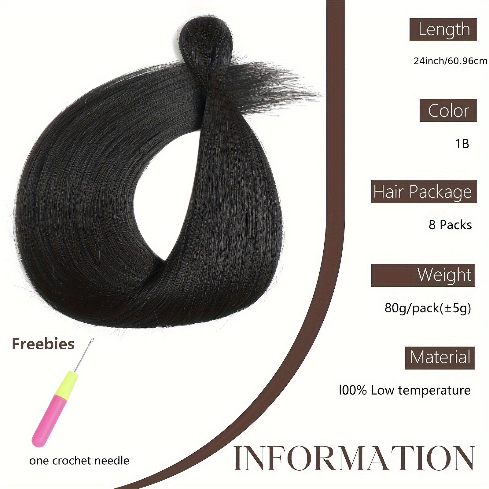 8pcs Black Pre-Stretched Braiding Hair for Women - Y2K Style Straight Texture Synthetic Hair for Boho Twist Crochet Braids, Professional Hairpiece for Braids, Braiding Hair Accessories, Y2K Hair Style, Highquality Hair