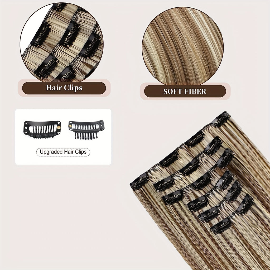 Thick Long Clip In Hair Extensions, Lightweight Synthetic Hairpieces For Women, Chocolate Brown With Golden Blonde Highlights, Hair Clips Hair Accessories