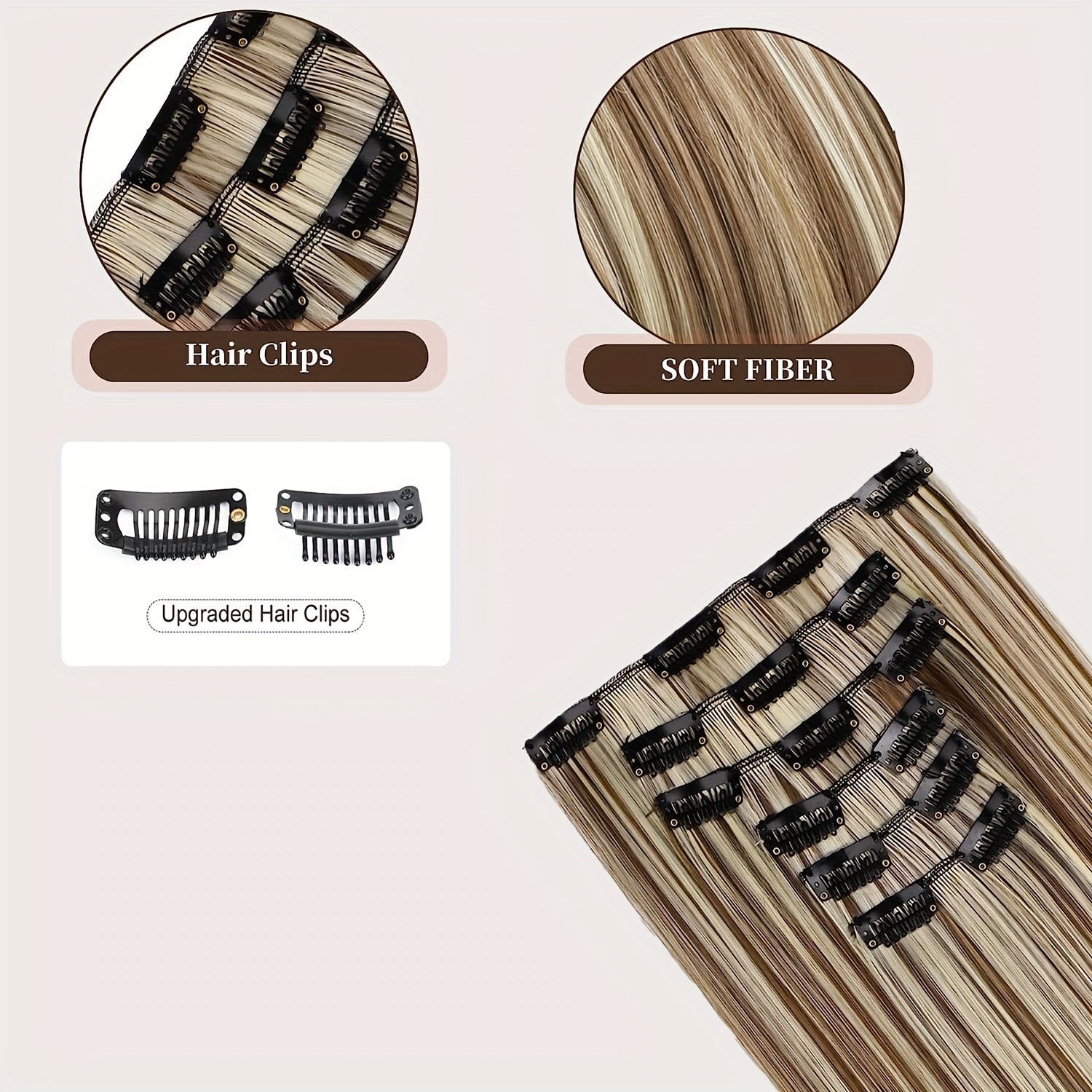 Thick Long Clip In Hair Extensions, Lightweight Synthetic Hairpieces For Women, Chocolate Brown With Golden Blonde Highlights, Hair Clips Hair Accessories