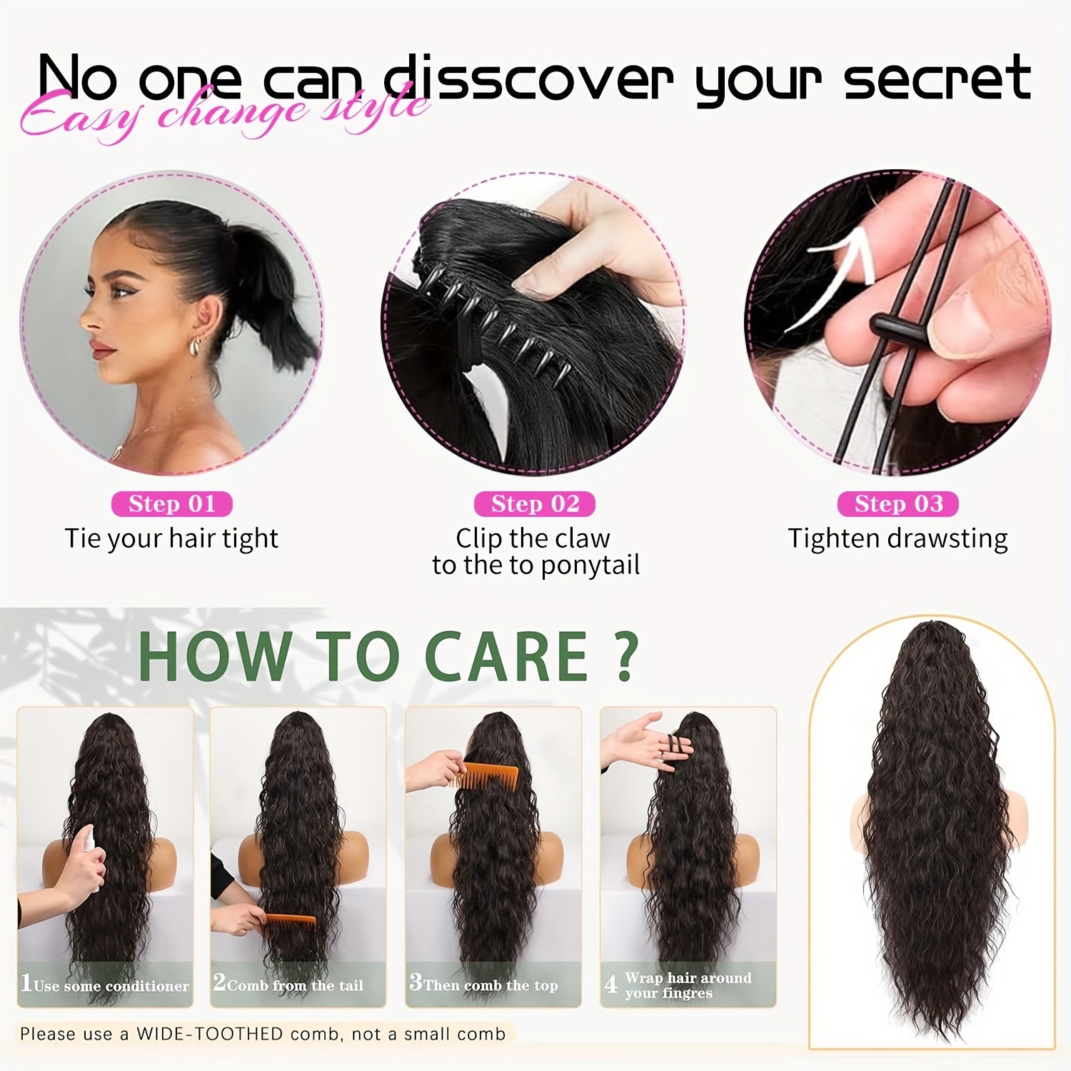 JSTINEKE 66.04cm Multicolor Long Curly Ponytail Extension - Synthetic Hair Claw Clip-In with Drawstring, Natural Look for Women, Deep Wave Texture, Party Style, Easy to Style, Party Hair Accessory, Vibrant Hairpiece