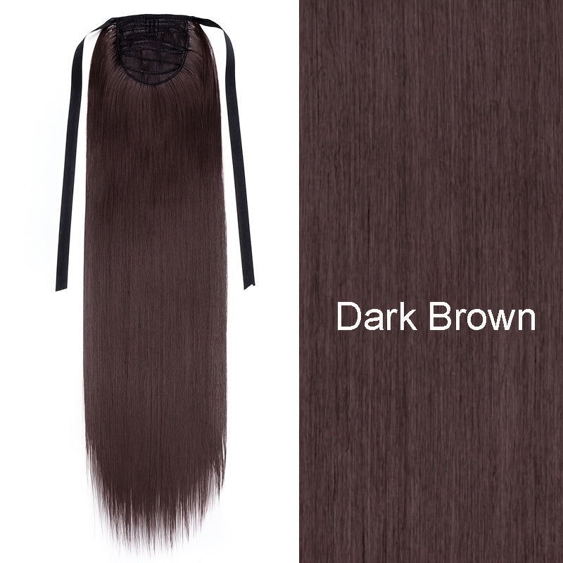 Long Soft Tie Up Ponytail Straight Hair Piece Clip In Hair Extensions 22inch/55cm Wrap Around Binding Pony Tail Hairpiece Drawstring Pony Tails for Women Party Festival Christmas Halloween Daily Use