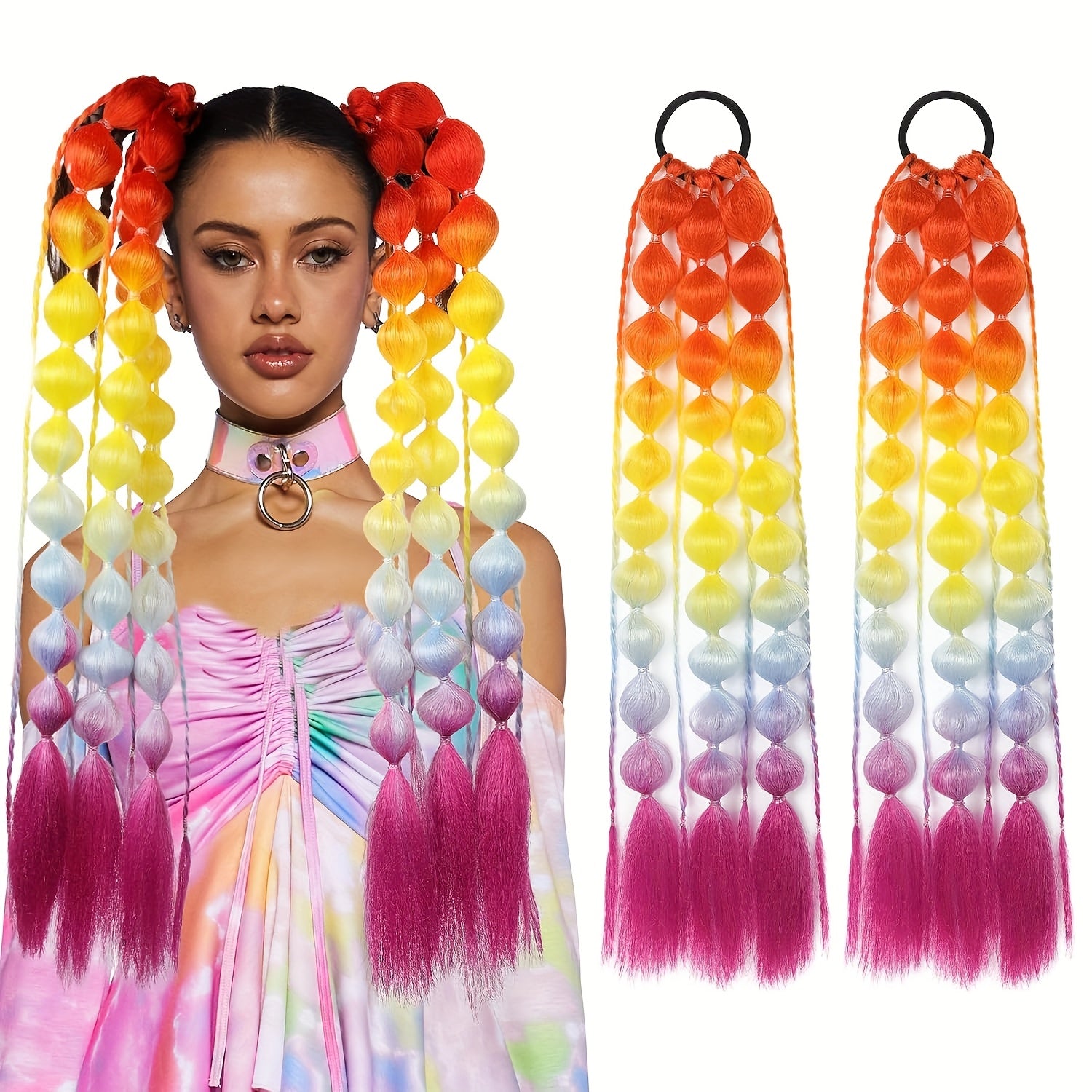 2pcs Vibrant Ombré Ponytail Extensions - 60.96 cm Lightweight, Colorful Braided Hair Accessories for Women, Perfect for Parties, Festivals, and Rave Events, Festival Hair Accessory | Vibrant Hair Extensions | Lightweight Extensions, Hair Accessories