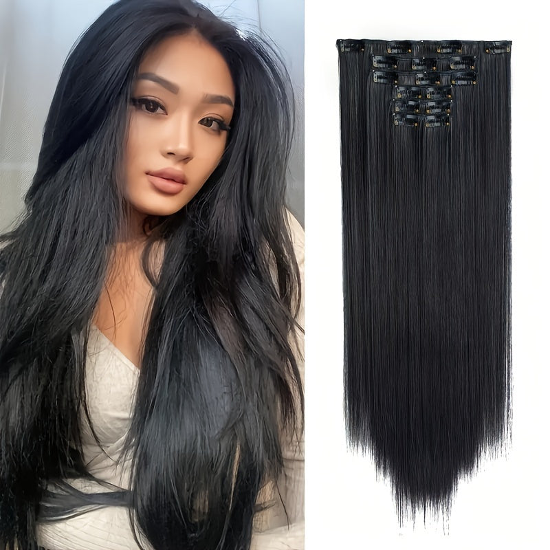 Thick Long Clip In Hair Extensions, Lightweight Synthetic Hairpieces For Women, Chocolate Brown With Golden Blonde Highlights, Hair Clips Hair Accessories