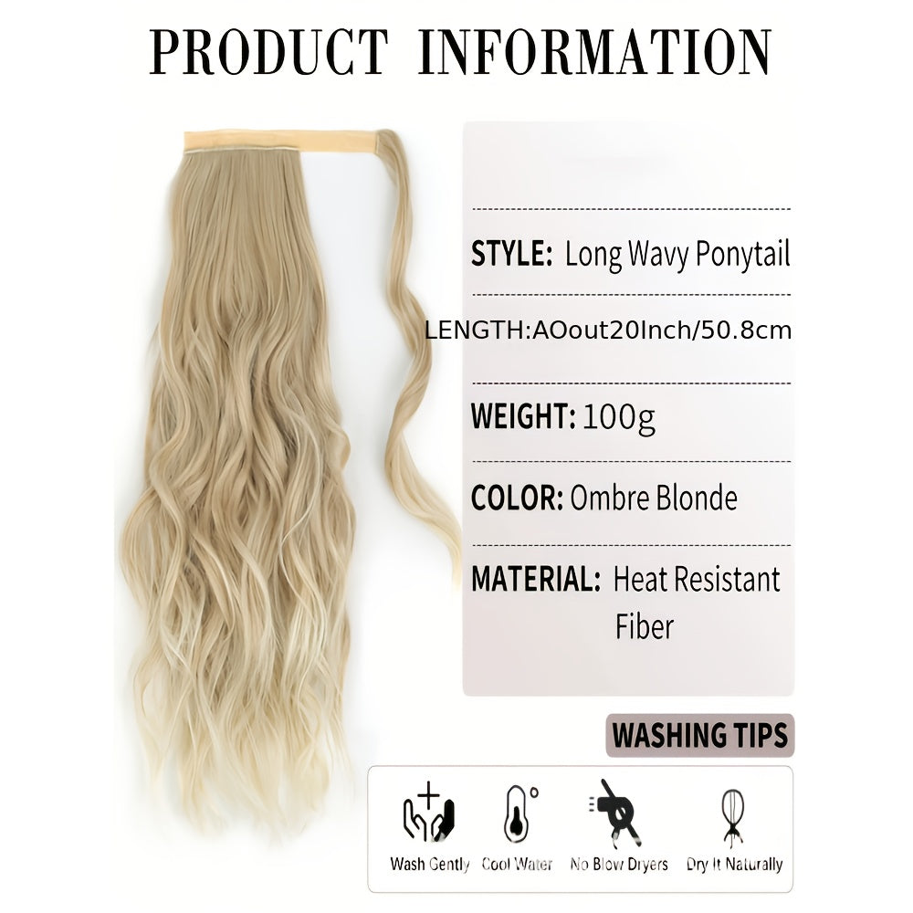 20-Inch Curly Wavy Ponytail Extension in Dirty Blonde, Made from High-Strength Synthetic Fibers for Women.