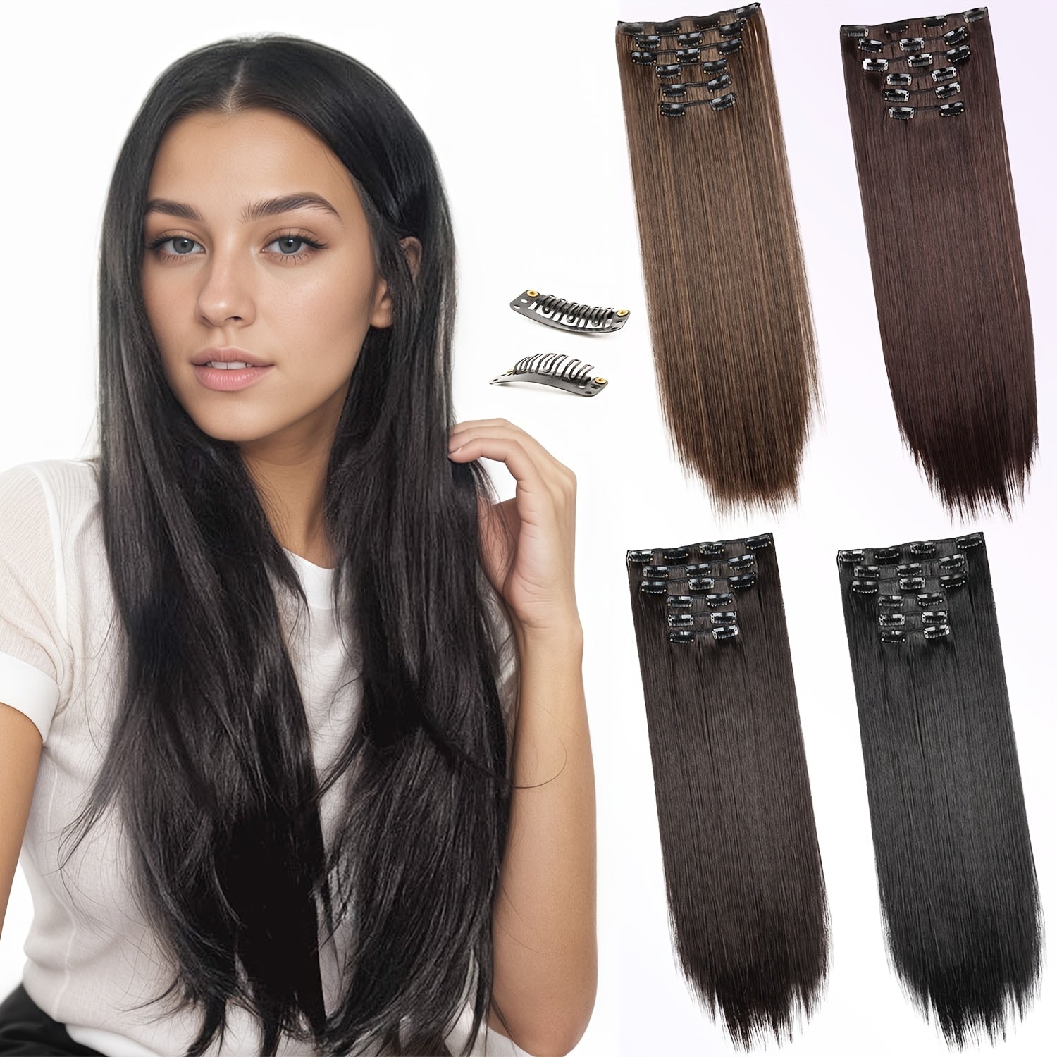 6pcs Brown Clip-In Hair Extensions 60.96cm Long - Thickened Straight Hair with Secure Clip, Natural Look for Women, Easy to Style, Adds Volume & Dimension, Versatile for All Hair Types, Stylish Hair Solution, Sleek Hairpiece