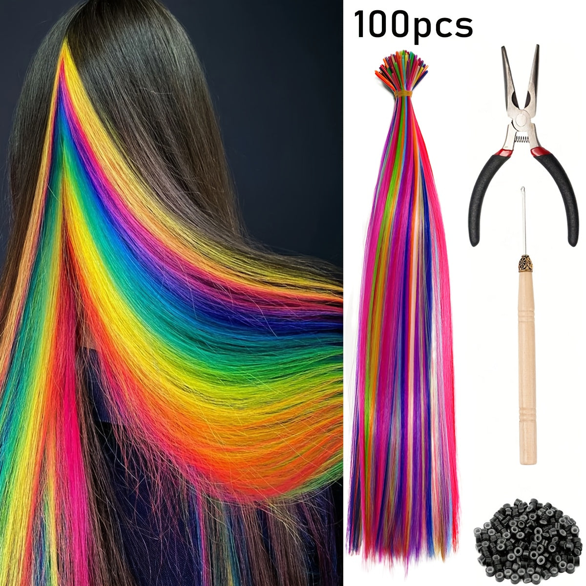 20-100pcs Mixed Color Rainbow Hair Extensions 16 Inch Rainbow Color Synthetic Hair Extensions Long Colored with Beads And Loop Tool for Hair Extension for Women Girls DIY Kit Holiday Party Use