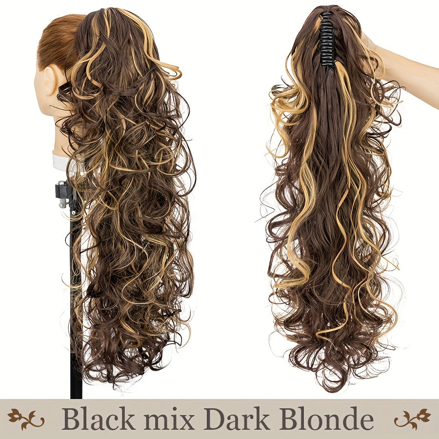 Claw On Ponytail Extensions with Drawstring Long Thick Wavy Clip In Hair Extension 24inch/60cm Ponytail Curly Hairpieces Jaw Ponytail Extensions Black Brown Blonde Mix Color Drawstring Ponytail Synthetic Soft Hairpiece Heat Resistant Hair Pieces Gift
