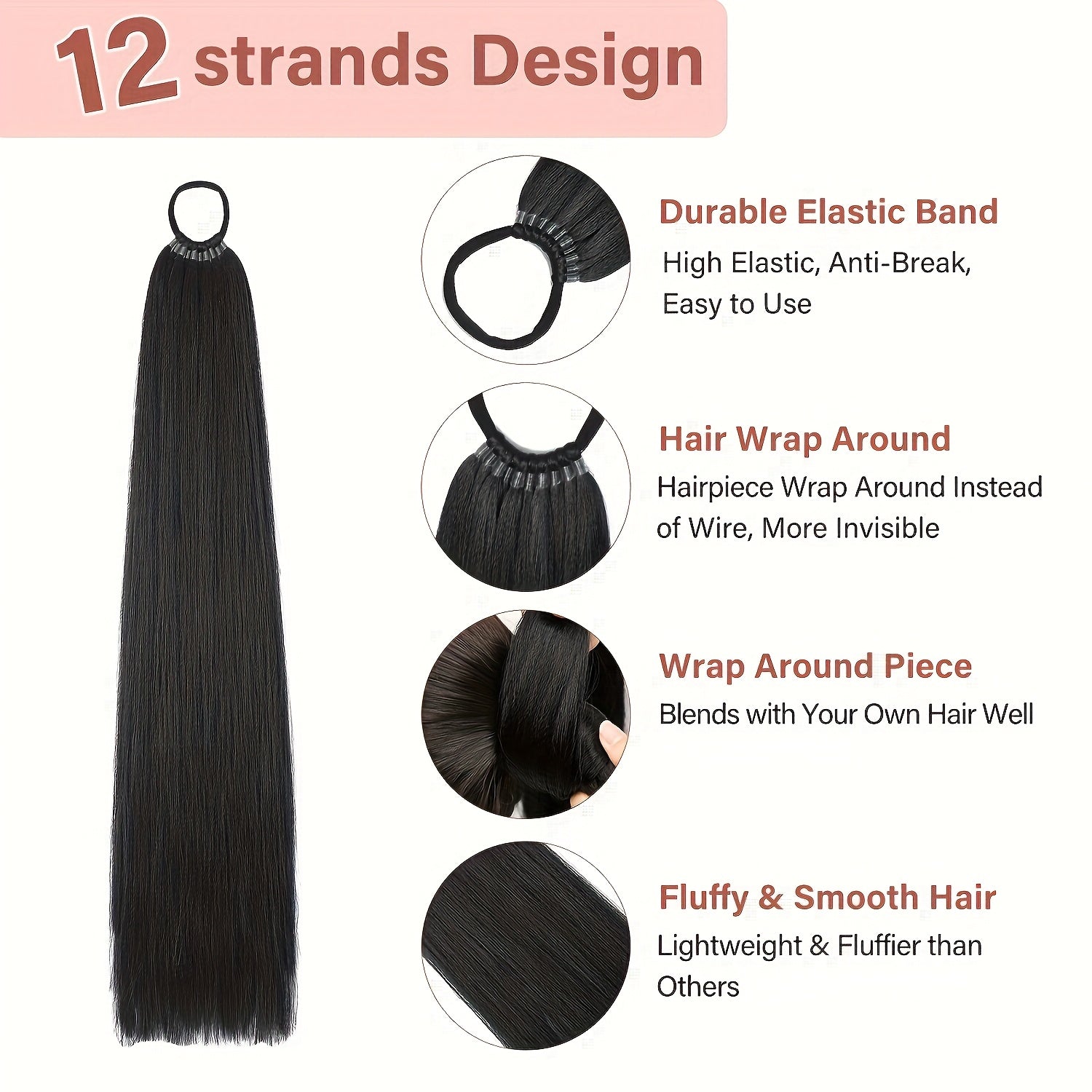 LEHAN 86.36cm Straight Synthetic Ponytail Extension for Women - Easy-to-Use, Durable High-Temperature Fiber Hairpiece for Everyday Style, Black, Ponytail Hair Extensions, Versatile Hairpiece, Natural Look Hairpiece, Synthetic Hair Fiber