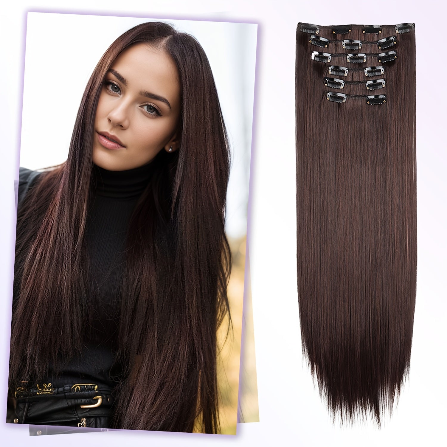6pcs Brown Clip-In Hair Extensions 60.96cm Long - Thickened Straight Hair with Secure Clip, Natural Look for Women, Easy to Style, Adds Volume & Dimension, Versatile for All Hair Types, Stylish Hair Solution, Sleek Hairpiece