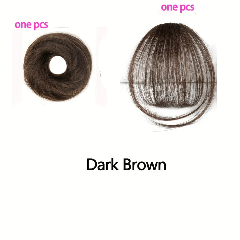 Fringe Air Bangs 1 with Sideburns+1 Messy Hair Bun, Hair Clip In Hair Extensions- All- Handmade Textile Process Heat Resistant Hairpieces for Women/ Girls, Upgrade Your Look Instantly