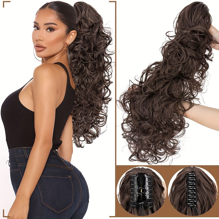 Claw On Ponytail Extensions with Drawstring Long Thick Wavy Clip In Hair Extension 24inch/60cm Ponytail Curly Hairpieces Jaw Ponytail Extensions Black Brown Blonde Mix Color Drawstring Ponytail Synthetic Soft Hairpiece Heat Resistant Hair Pieces Gift