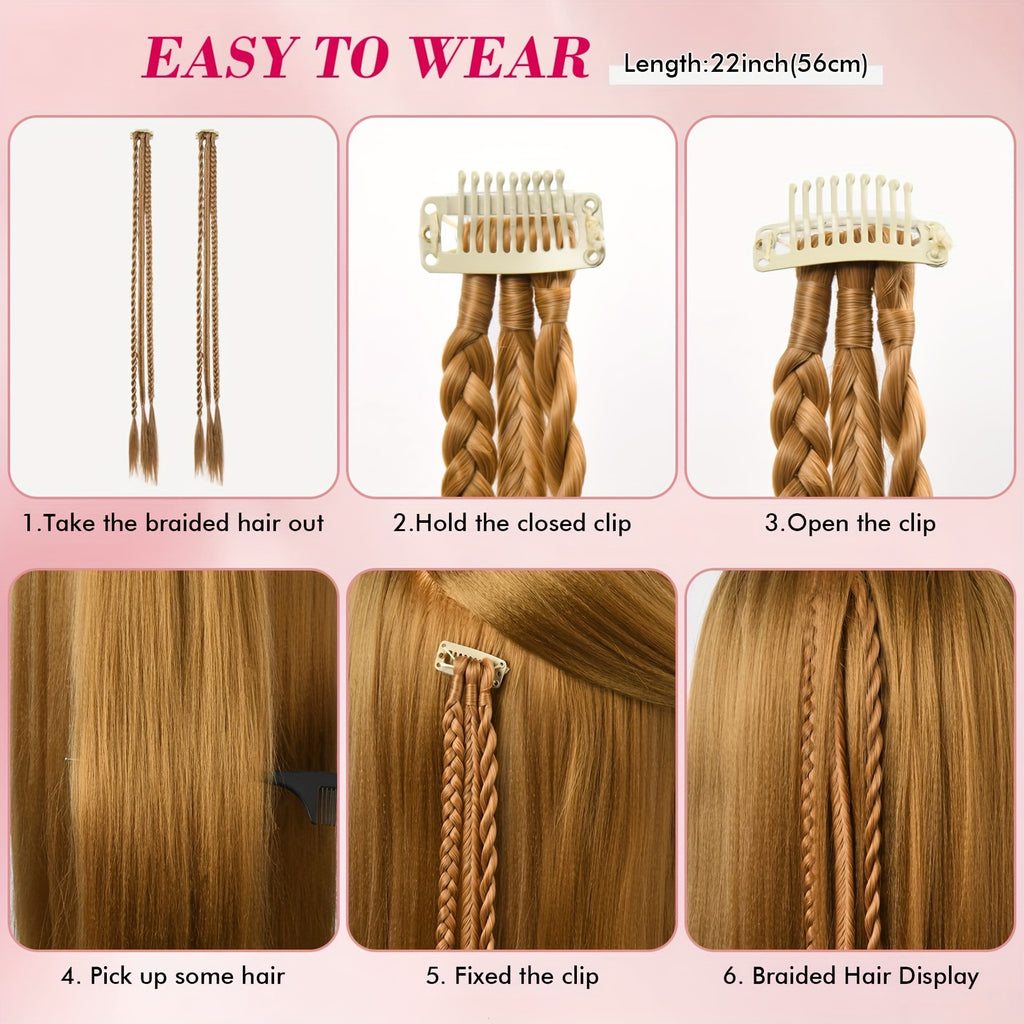 Braid Hair Extensions, 3pcs Clip in Hair Extensions Baby Braids, 3 Braids on One Clip 6 Braids Total, 22" Long Natural Soft Synthetic Hairpieces for Women