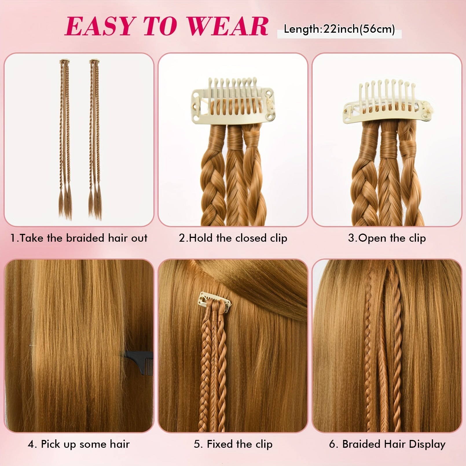Braid Hair Extensions, 3pcs Clip in Hair Extensions Baby Braids, 3 Braids on One Clip 6 Braids Total, 22" Long Natural Soft Synthetic Hairpieces for Women