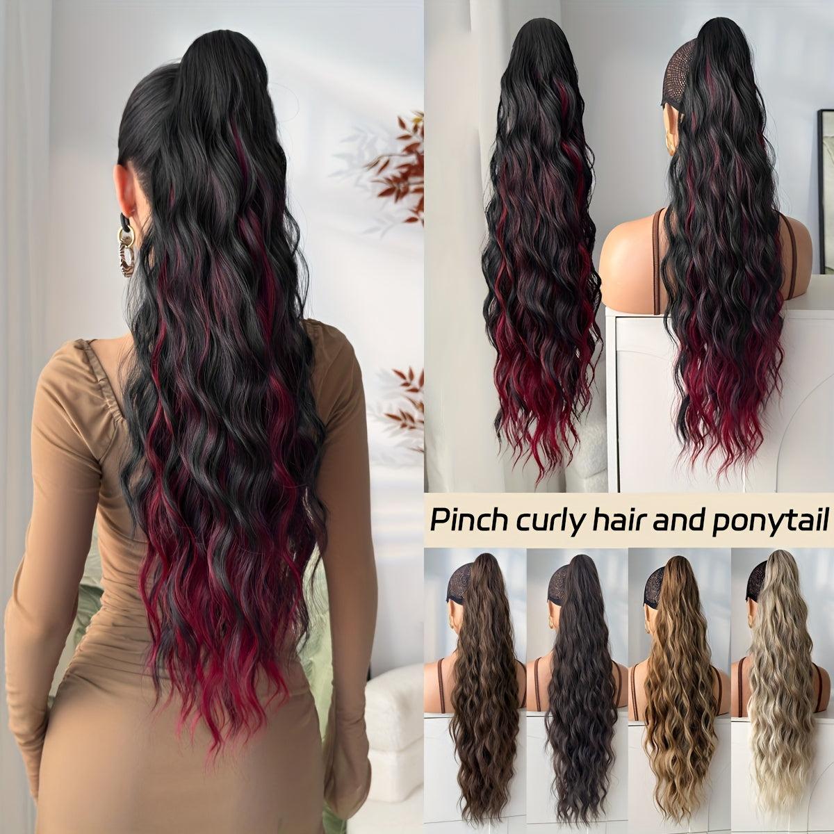 YUSULAXI 28" Ombre Claw Clip Ponytail Extension - Water Wave Synthetic Hairpiece in Light Brown, Heat-Resistant Fiber for Women with Short Hair, Daily Use Accessory, Ponytail Hair Extensions, Versatile Hairpiece, Secure Claw Attachment