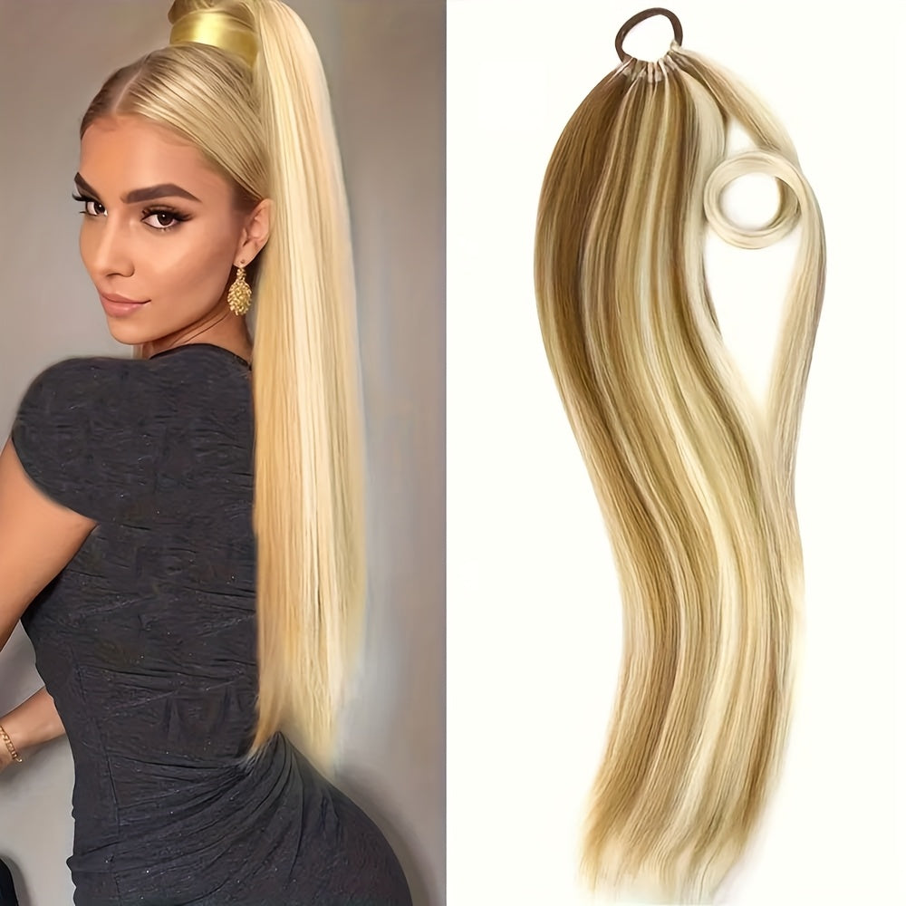 24-Inch Yaki Straight Braiding Hair Ponytail Extension - Wrap Around Long Straight Ponytail with Versatile Elastic Bands for Women, High-Temperature Fiber, Basic Style, Hair Extension for Women