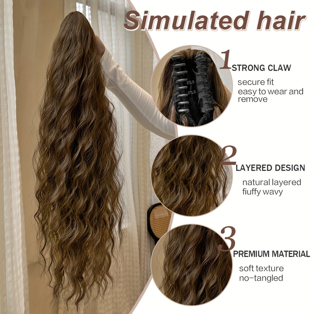 Claw shaped ponytail extension dark brown 71.12 cm water wave heat-resistant fiber synthetic ponytail wig, suitable for short hair accessories for Women's daily use