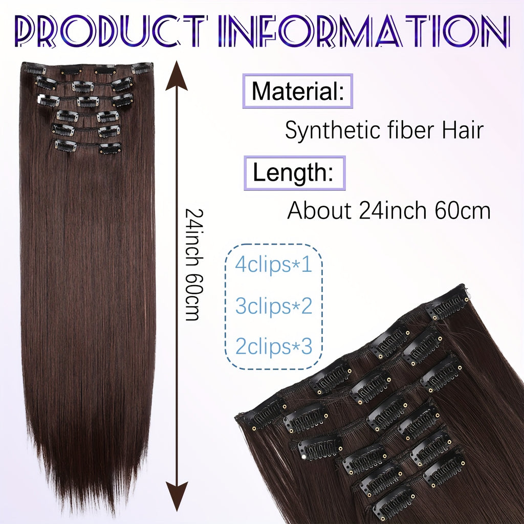 6pcs Brown Clip-In Hair Extensions 60.96cm Long - Thickened Straight Hair with Secure Clip, Natural Look for Women, Easy to Style, Adds Volume & Dimension, Versatile for All Hair Types, Stylish Hair Solution, Sleek Hairpiece