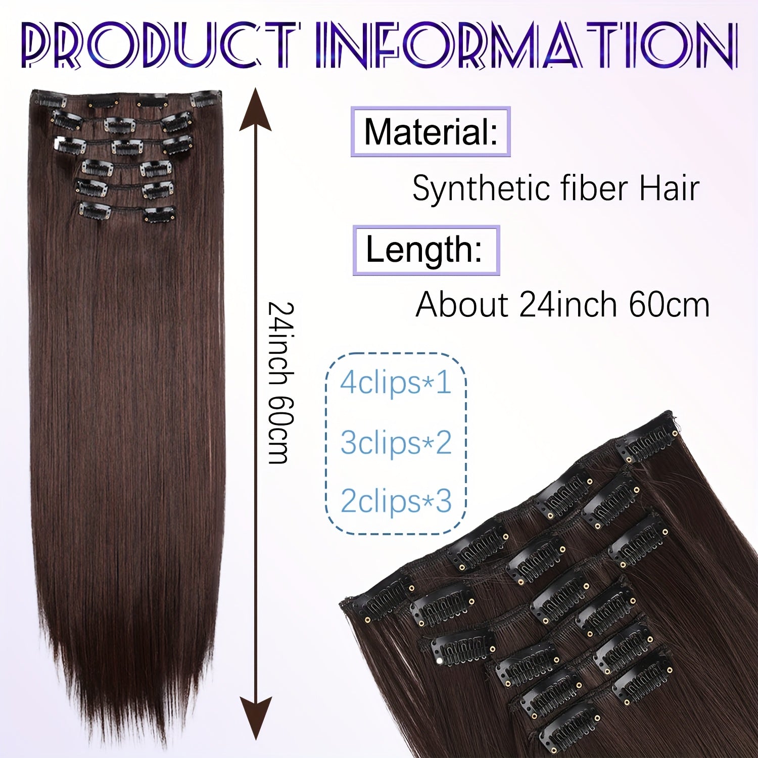 6pcs Brown Clip-In Hair Extensions 60.96cm Long - Thickened Straight Hair with Secure Clip, Natural Look for Women, Easy to Style, Adds Volume & Dimension, Versatile for All Hair Types, Stylish Hair Solution, Sleek Hairpiece