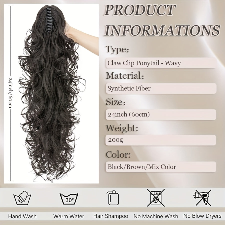 Claw On Ponytail Extensions with Drawstring Long Thick Wavy Clip In Hair Extension 24inch/60cm Ponytail Curly Hairpieces Jaw Ponytail Extensions Black Brown Blonde Mix Color Drawstring Ponytail Synthetic Soft Hairpiece Heat Resistant Hair Pieces Gift