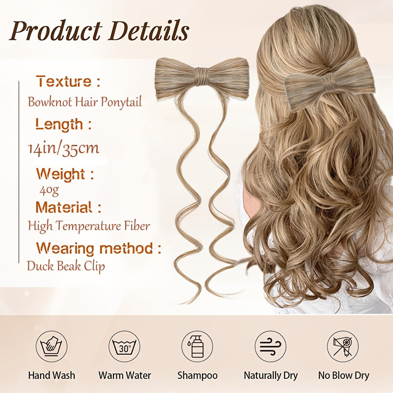 Elegant Bowknot Hairpiece with 35.56cm Natural Curly Synthetic Ponytail - Dark Brown & Blonde Highlights, Decorative Clip Barrette for Women and Girls - Versatile and Stylish Hair Accessory, Hair Accessories