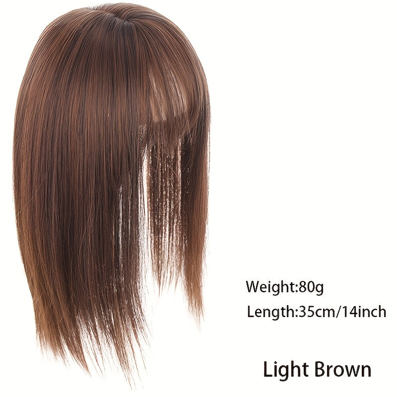 14-Inch Synthetic Hair Topper for Women with Bangs - Clip-In Straight Hairpiece for Thinning Hair, Large Base Wiglet, Black with Highlights, Versatile Style for All Ethnicities, Hair Accessories
