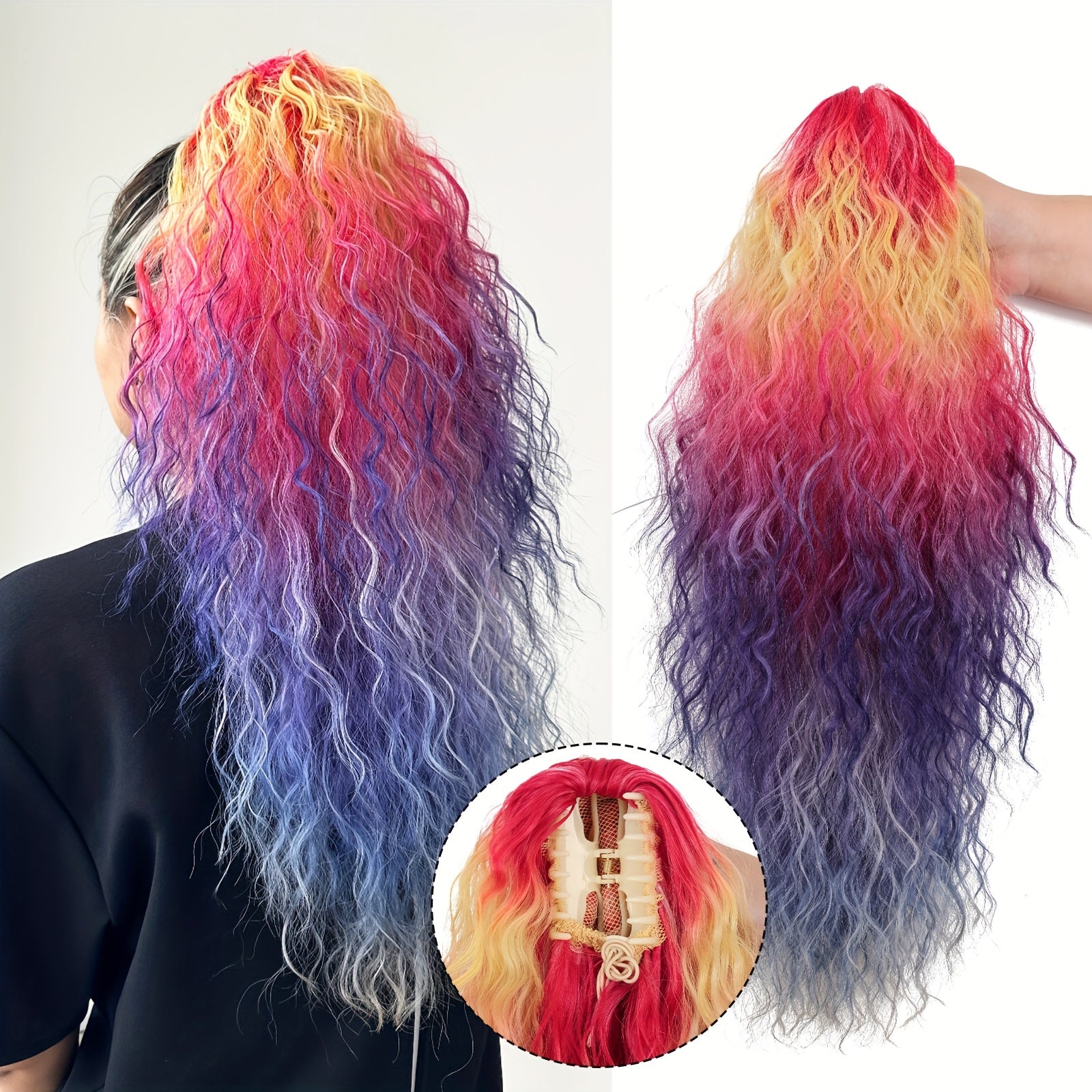 JSTINEKE 66.04cm Multicolor Long Curly Ponytail Extension - Synthetic Hair Claw Clip-In with Drawstring, Natural Look for Women, Deep Wave Texture, Party Style, Easy to Style, Party Hair Accessory, Vibrant Hairpiece
