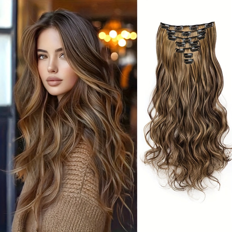 Elegant Mixed Color Clip-In Hair Extension for Women - 16 Clips, Long Wavy Curly Synthetic Hairpiece for Volume Boost & Styling