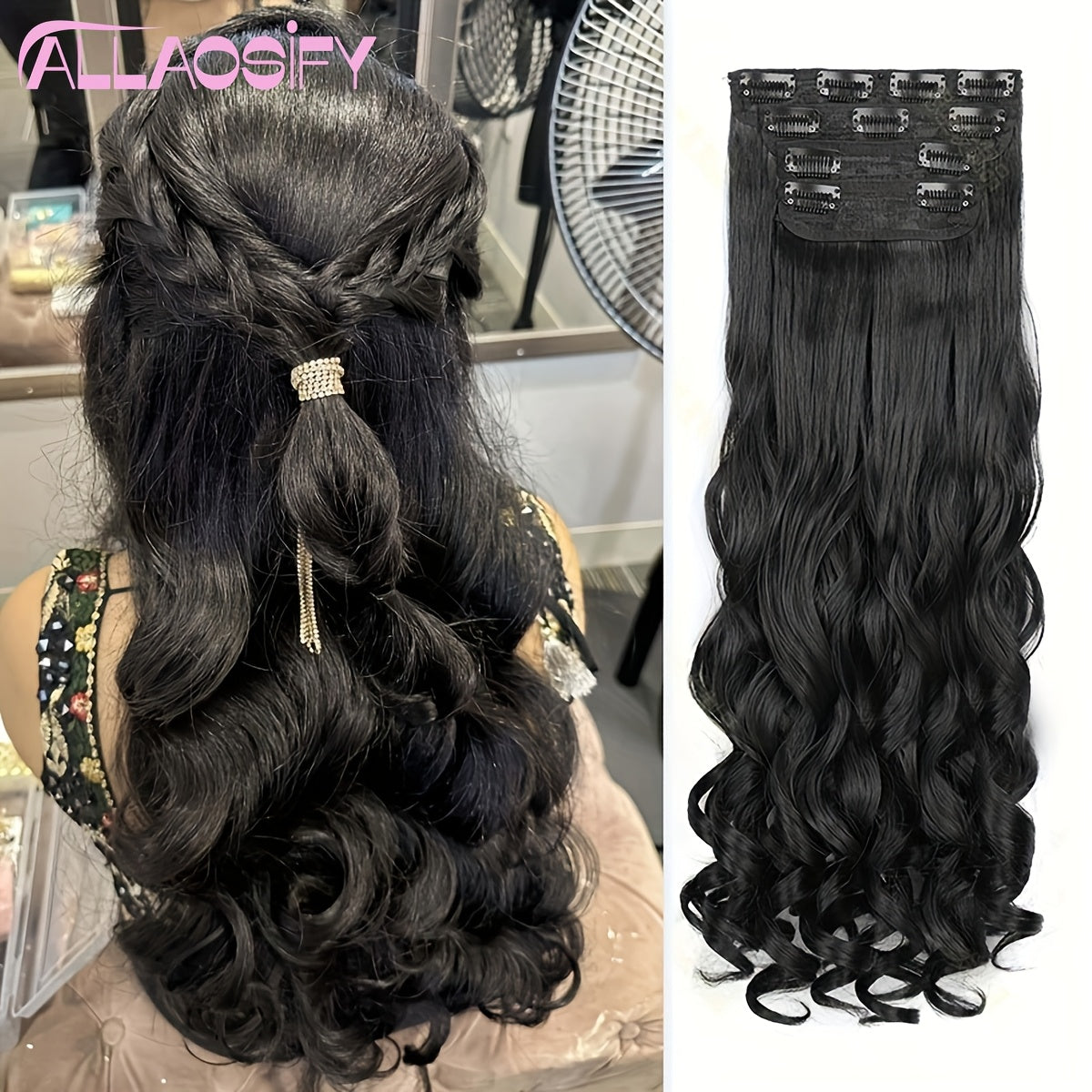 20-Inch Clip-In Hair Extensions for Women - 4pcs Set, Long Bouncy Curly Synthetic Hairpieces, Heat Resistant, Hair Clip Extensions