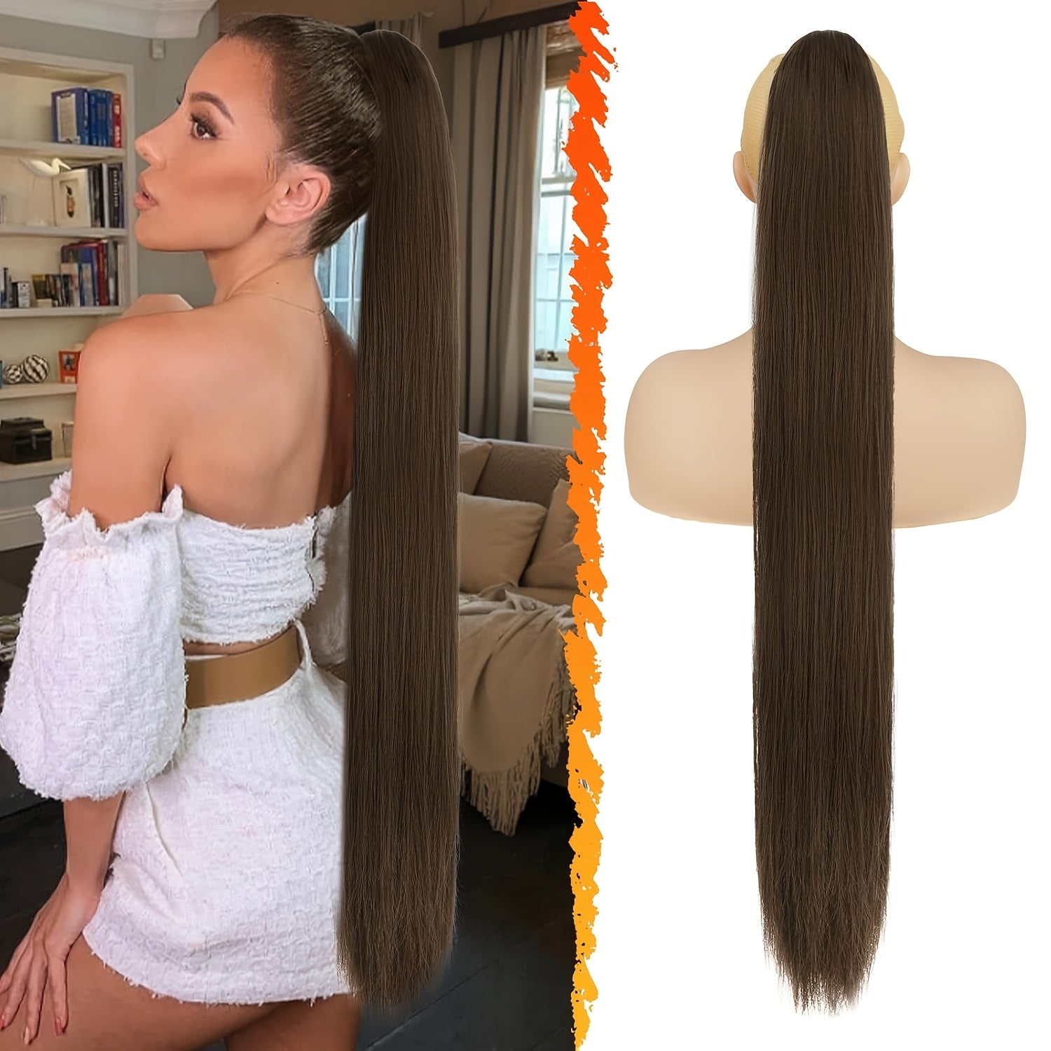 BARSDAR Brown Ponytail Extension, 86.36 cm Long Straight Drawstring Ponytail Hair Extensions Synthetic Clip In Pony Tails Hairpieces Fake Straight Ponytail For Women Girls Daily