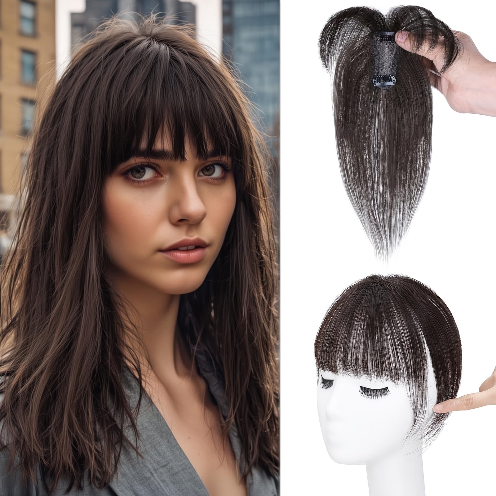 BIGTRSE 360° 3D Bangs Hair Clip - 100% Real Human Hair Topper with Straight Bangs & Side Swept Bangs, Natural Look for Women, Easy Clip-On for Daily Wear, Versatile Hairpiece, Sleek Hairpiece, Secure Hairpiece