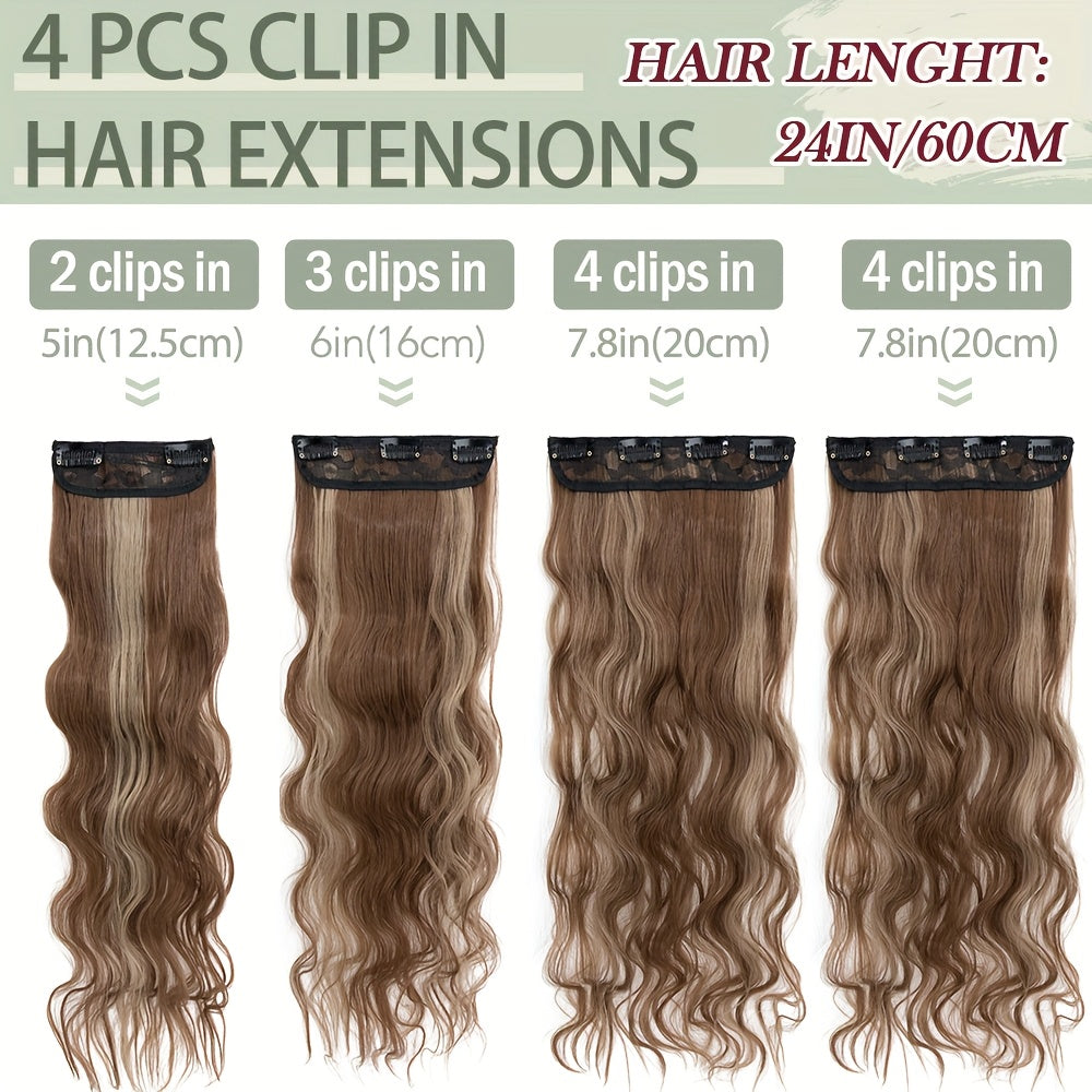 60.96 cm Clip In Hair Extensions 4pcs Long Curly Wavy Thick Highlighted Clip In Hairpieces Synthetic Hair Extension For Women Daily Halloween Use, Dark Ash Blonde Mixed Bleach Blonde, Black Balayage
