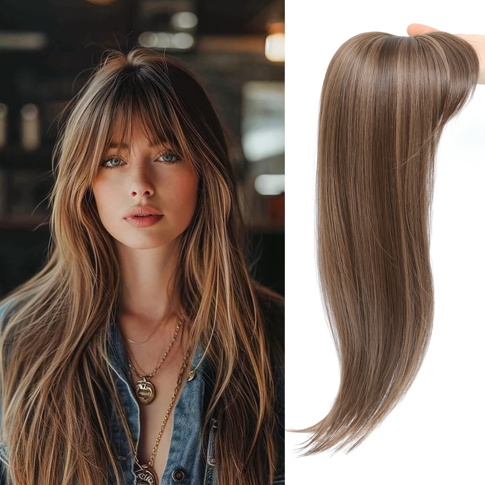 Elegant Clip-In Bangs for Women, 360° Coverage Blonde Hair Extensions with Dark Roots, French Style Straight Hair Bangs for Daily Wear, Hairpieces