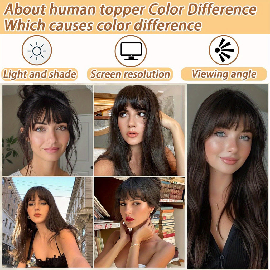 T-Shape #2 Dark Brown Straight Human Hair Topper with Bangs for Women, Real Human Hair Toppers for Thin Hair, 20.32cm 25.4cm Hairpieces