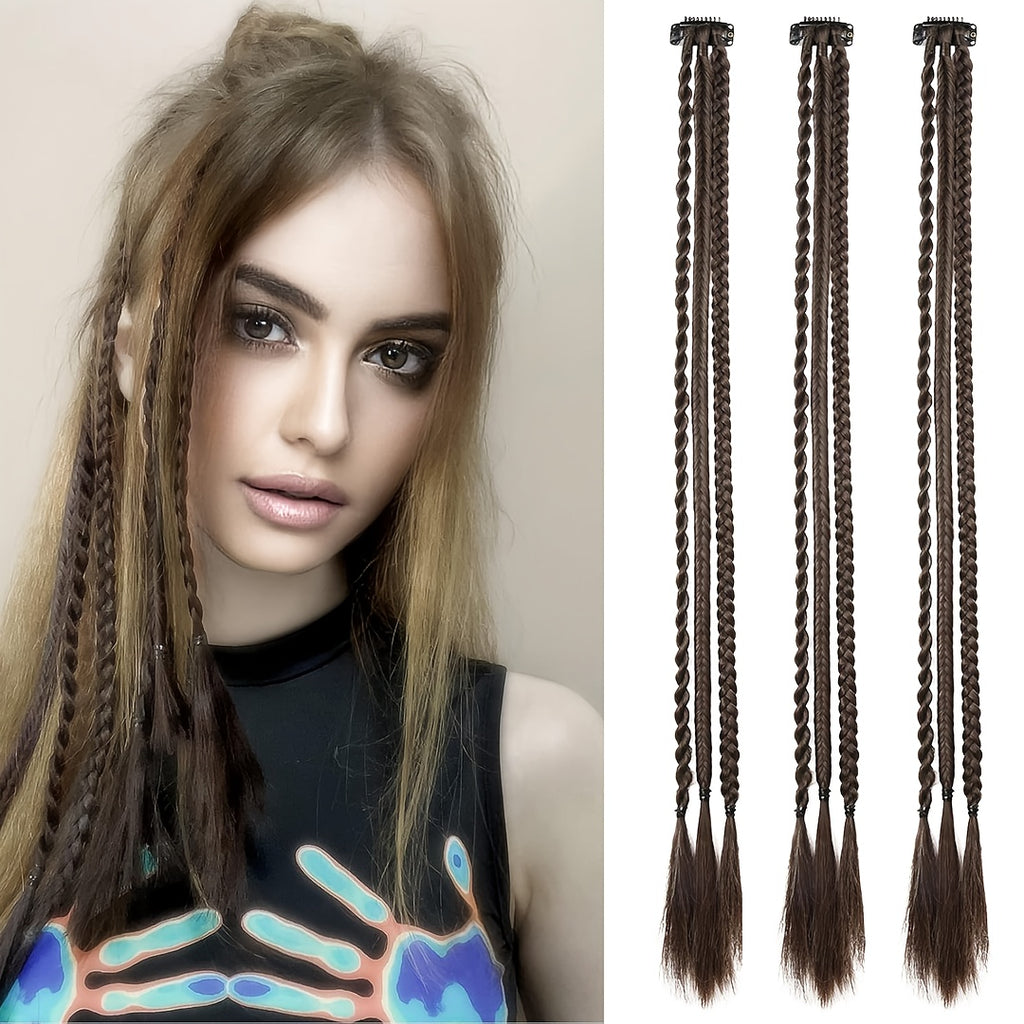 Braid Hair Extensions, 3pcs Clip in Hair Extensions Baby Braids, 3 Braids on One Clip 6 Braids Total, 22" Long Natural Soft Synthetic Hairpieces for Women