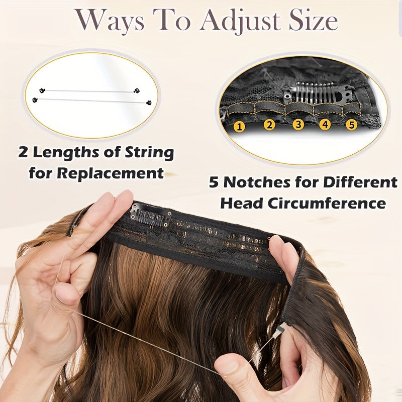 S-NOILITE Invisible Wire Hair Extensions With Transparent Wire Adjustable Size With 4 Secure Clips Synthetic Hair Piece Long Wavy Secret Headband Hairpieces For Women 20 Inch Ombre Brown Highlight