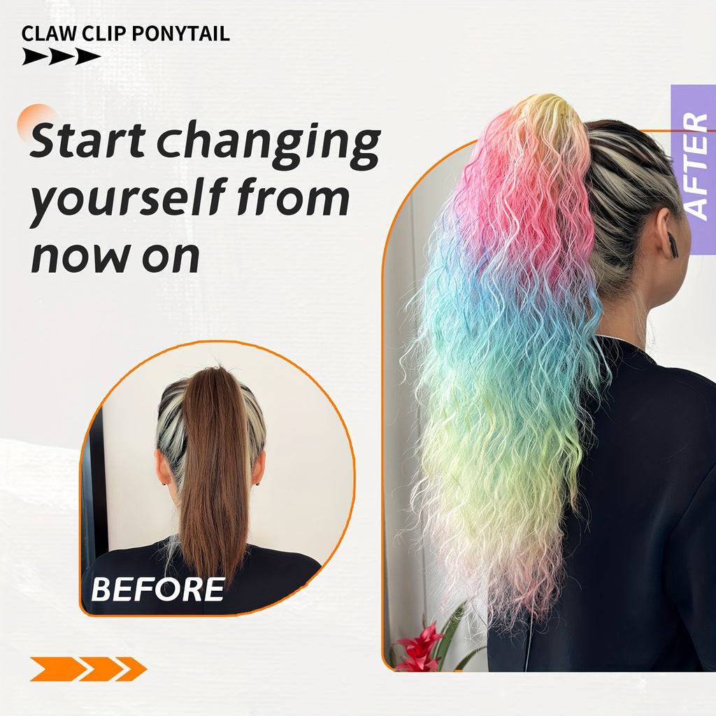 JSTINEKE 66.04cm Multicolor Long Curly Ponytail Extension - Synthetic Hair Claw Clip-In with Drawstring, Natural Look for Women, Deep Wave Texture, Party Style, Easy to Style, Party Hair Accessory, Vibrant Hairpiece