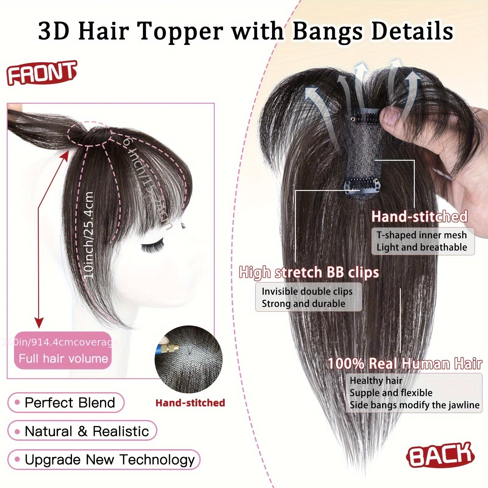 BIGTRSE 360° 3D Bangs Hair Clip - 100% Real Human Hair Topper with Straight Bangs & Side Swept Bangs, Natural Look for Women, Easy Clip-On for Daily Wear, Versatile Hairpiece, Sleek Hairpiece, Secure Hairpiece