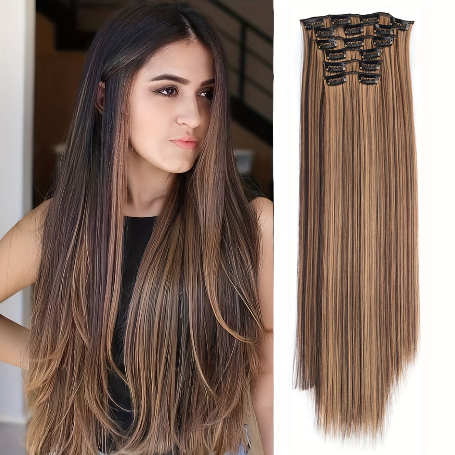 Thick Long Clip In Hair Extensions, Lightweight Synthetic Hairpieces For Women, Chocolate Brown With Golden Blonde Highlights, Hair Clips Hair Accessories