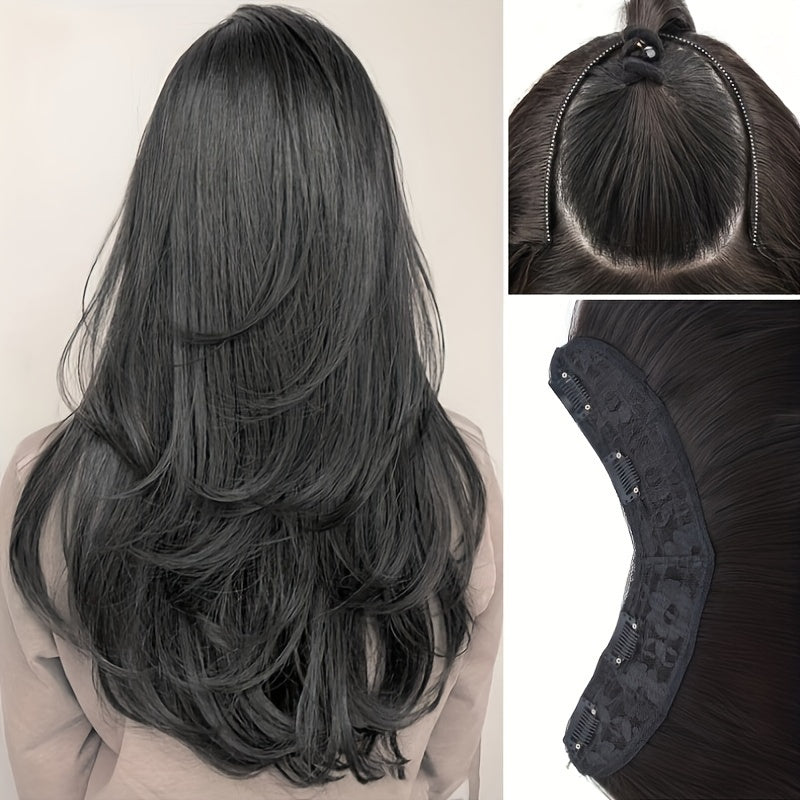Long Fluffy V-Shaped Synthetic Hair Extension for Women - Layered Wig with Clips Increases Volume & Adds Fullness
