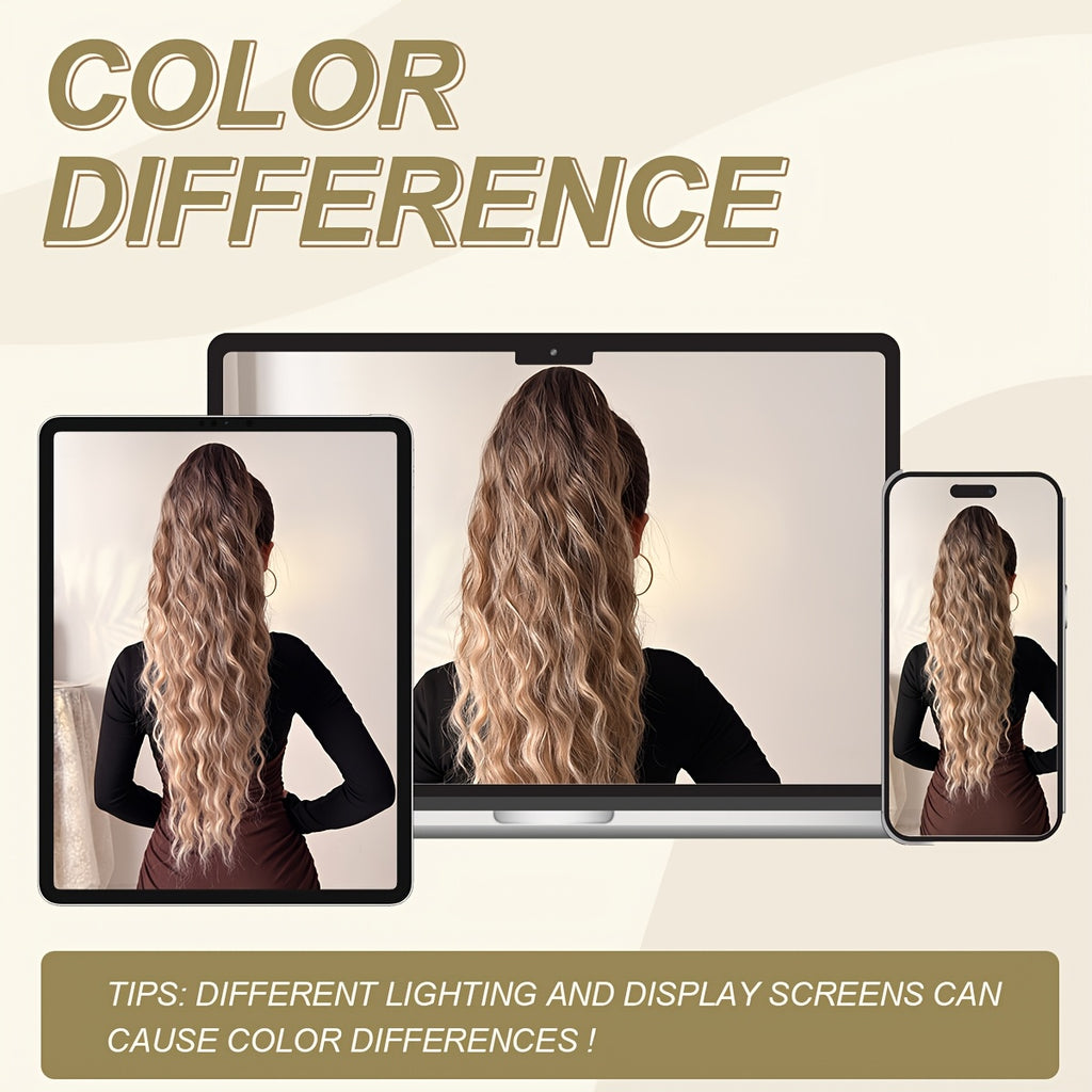 Drawstring Ponytail Extension Hair 28 Inch Ombre Long Water Wave Heat Resistant Fiber Synthetic Ponytail Hairpiece for Women Daily Used